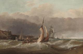 Clarkson Stanfield, R.A. - A fishing smack in a heavy swell at the harbour mouth