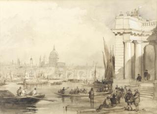 Clarkson Stanfield, R.A. - A flotilla on the Thames at Blackfriars, St Paul\'s beyond