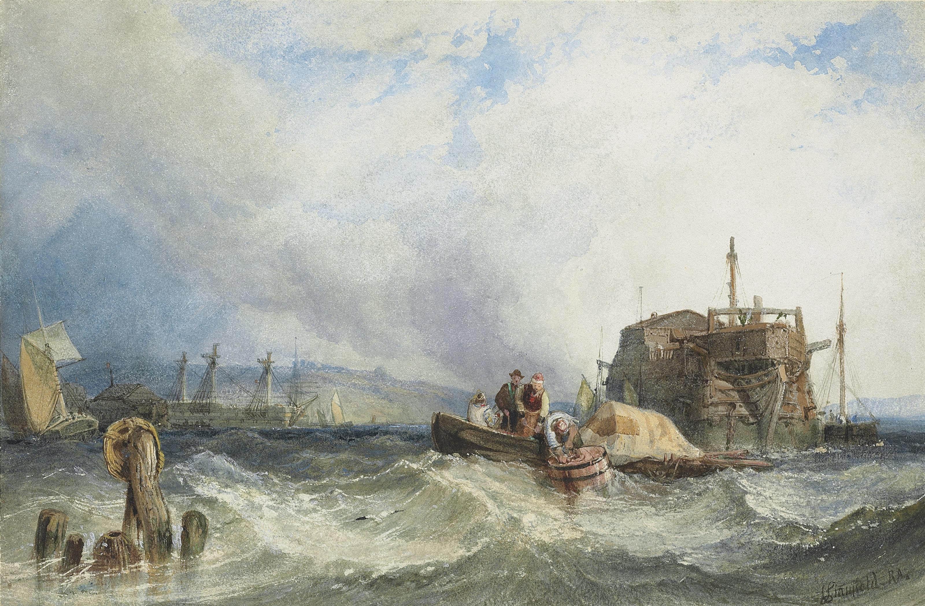 Clarkson Stanfield, R.A. - A hulk with other shipping in the Medway