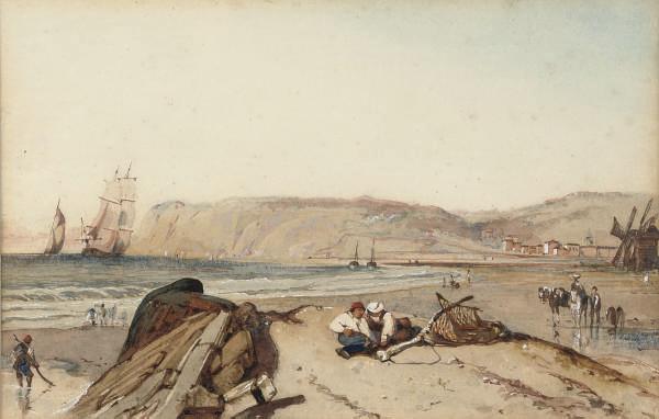Clarkson Stanfield, R.A. - Figures by the sea with shipping in the distance