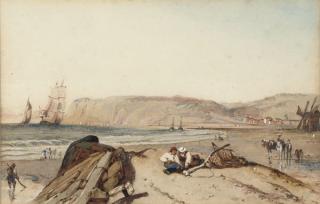 Clarkson Stanfield, R.A. - Figures by the sea with shipping in the distance