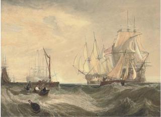 Clarkson Stanfield, R. A. - H.M. Ships Nemesis and Arrow bringing the Danish frigate Freja and her convoy into the Downs in July 1800