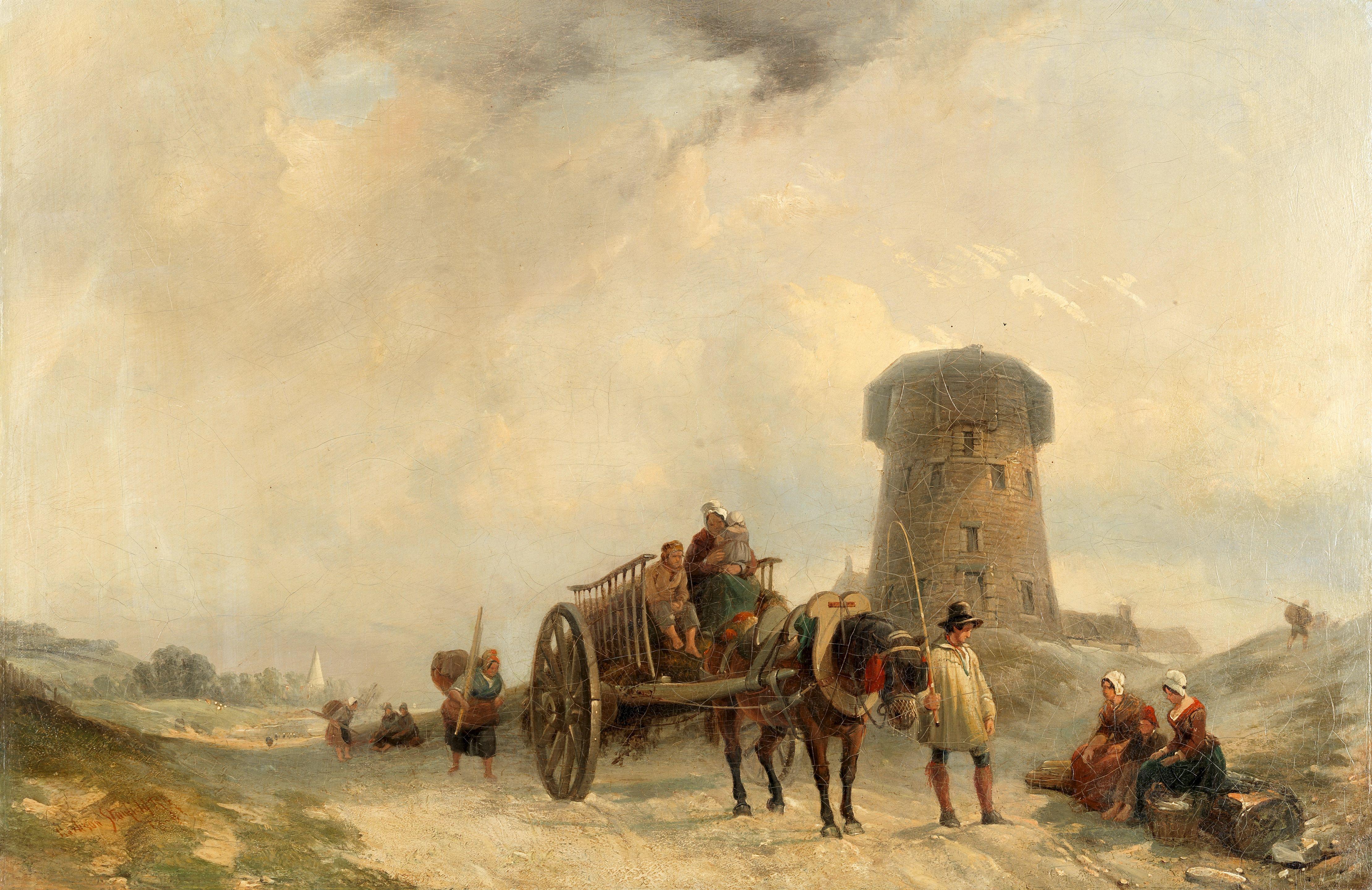 Clarkson Stanfield, R.A. - Horse and cart passing figures on a country road