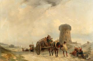 Clarkson Stanfield, R.A. - Horse and cart passing figures on a country road