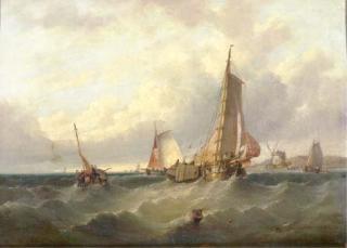 Clarkson Stanfield - Fishing vessels off a coast with a windmill in the distance