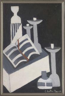 Clarrise Loxton Peacock - A book on a plinth, with candles and bottle to the side