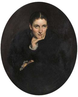 Claude Andrew Calthrop - Portrait of Louise Calthrop, seated three-quarter-length, in a black dress