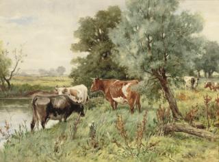 Claude Cardon - Cows grazing by a river bank