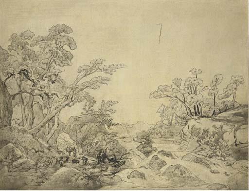 Claude-Félix-Théodore Caruelle d\'Aligny - Un Paysage Rocheux Avec Une Rivière, Des Bergers Et Leur Troupeau Vers La Gauche