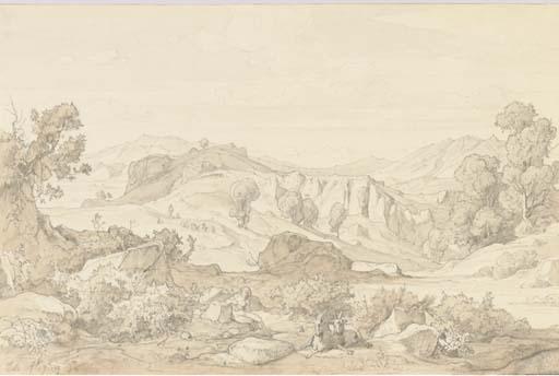 Claude-Félix-Théodore Caruelle d\'Aligny - Une vue d\'Olevano avec une figure nue tenant une corne, deux chèvres au premier plan