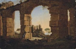 Claude Gellé - An Italianate evening landscape with a shepherd and his flock by a ruined aqueduct