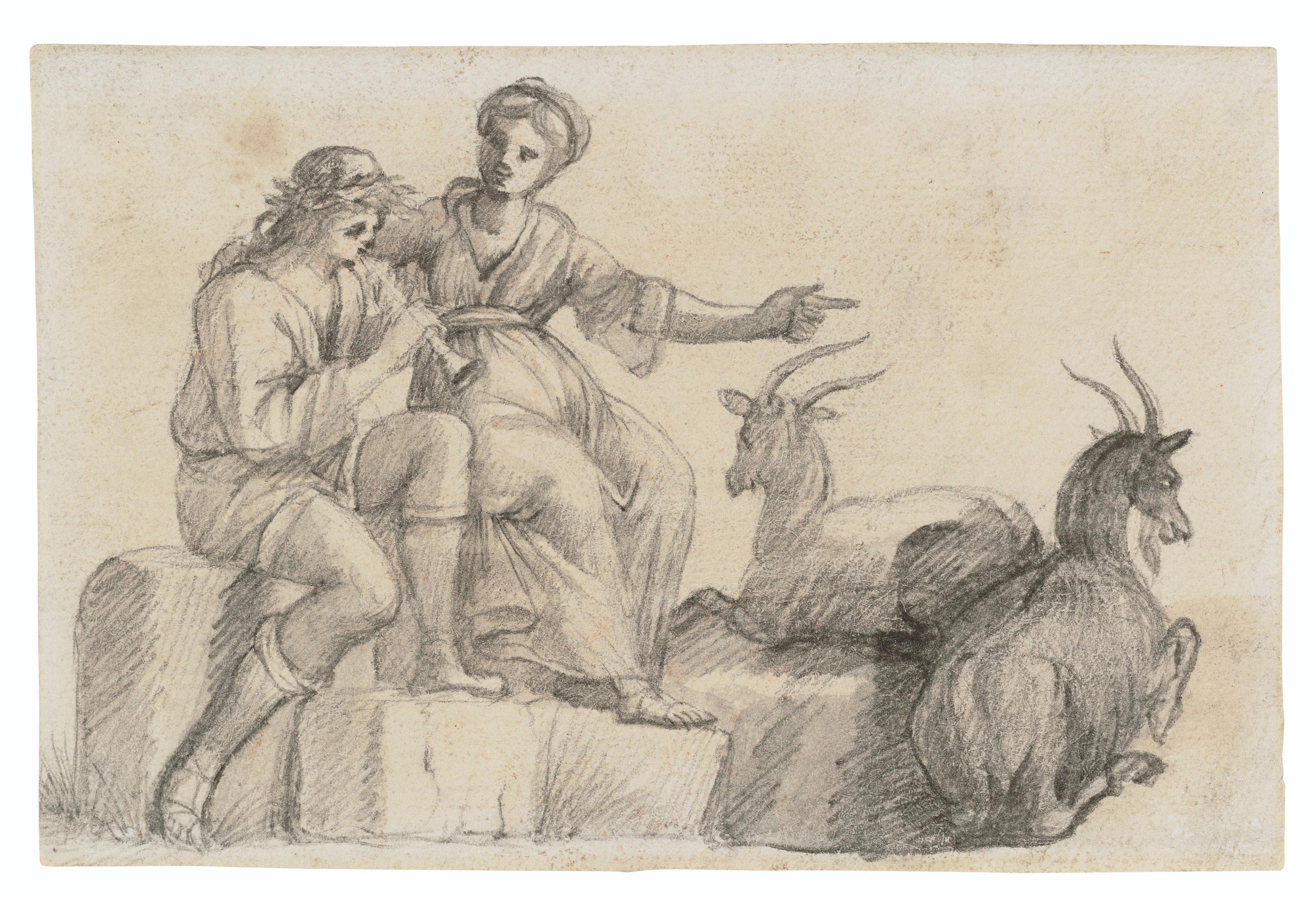 Claude Gellée, Called Claude Lorrain - A young couple with two goats (recto); A nude male torso seen from behind (verso)