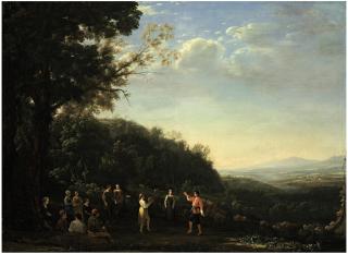 Claude Gellée - An extensive landscape with shepherds and shepherdesses dancing