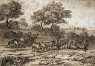 Claude Gellée - An extensive Mediterranean landscape with a tower and a herd of goats