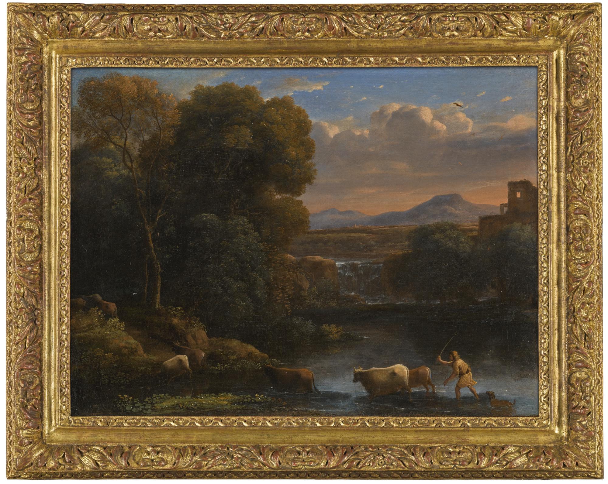 Claude Gellée - An Italianate Landscape With A Drover And His Dog Driving His Cattle Across A Ford, A Waterfall Beyond