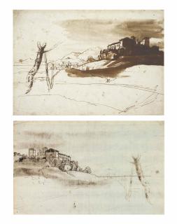 Claude Gellee - Paysage avec une ferme, des montagnes à l\'arrière-plan (recto); Etude pour la même composition (verso)