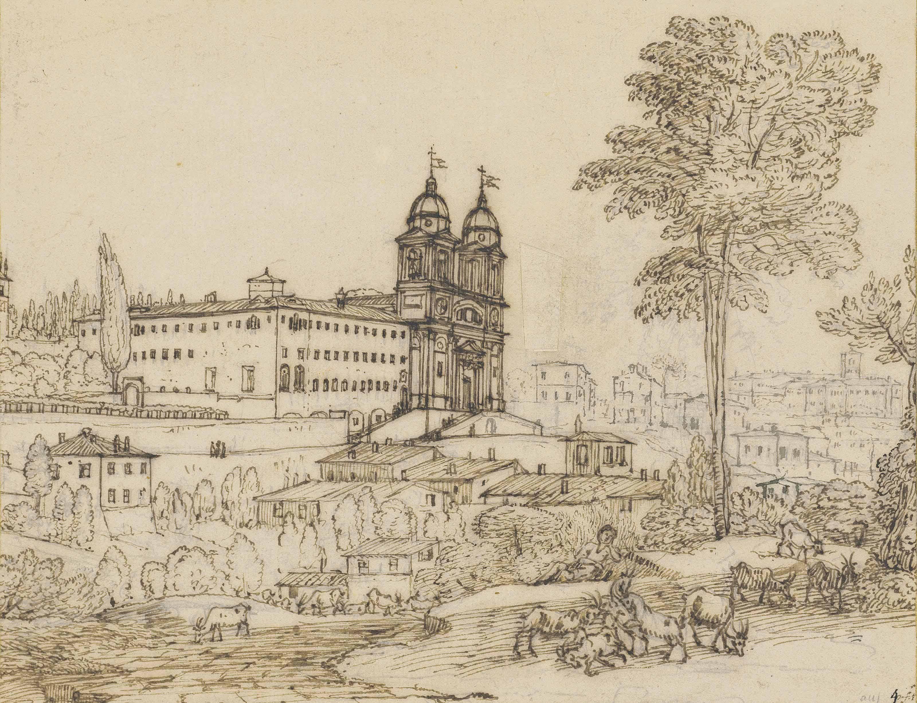 Claude Gellée - The Church of Santissima Trinità dei Monti, Rome, a goatherd resting with his herd in the foreground