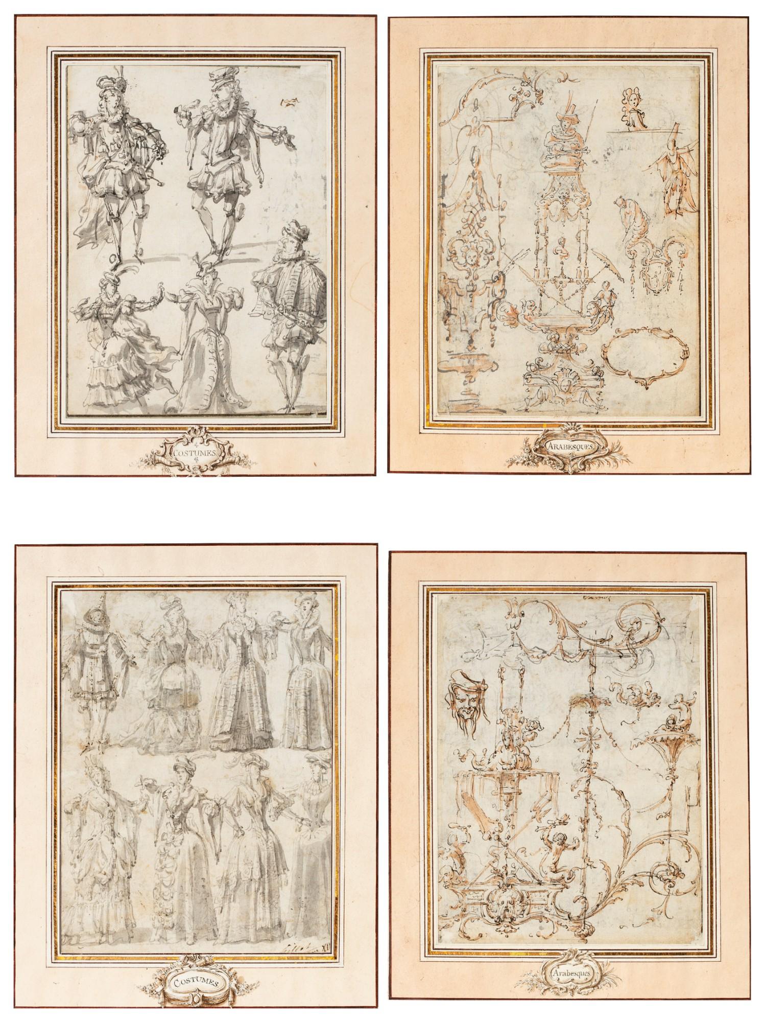 Claude Gillot - A pair of double sided drawings: Costume designs (recto); Arabesques designs (verso)