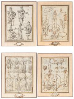 Claude Gillot - A pair of double sided drawings: Costume designs (recto); Arabesques designs (verso)