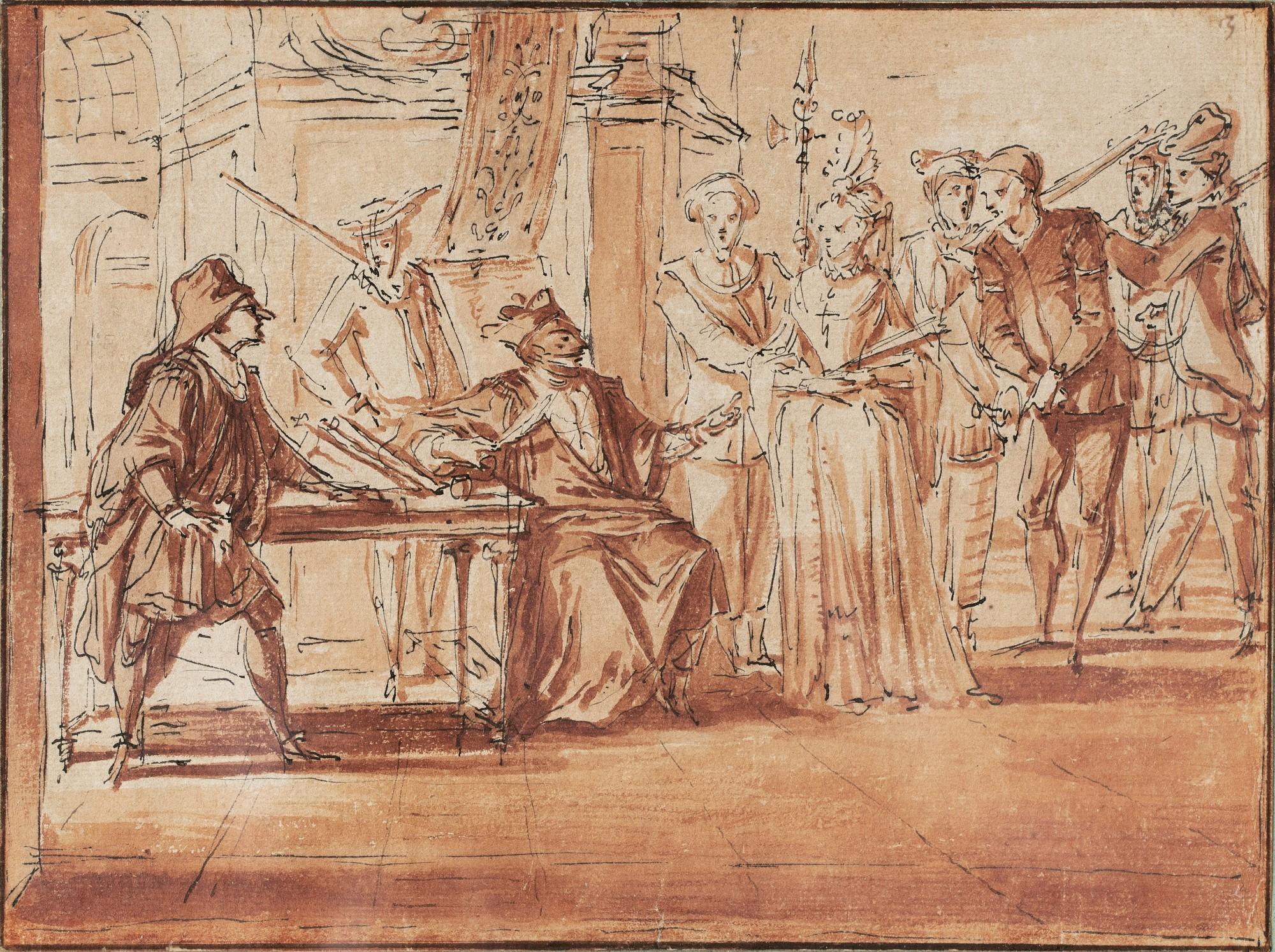 Claude Gillot - Farcical scene with Harlequin as a police commissioner