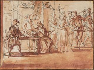 Claude Gillot - Farcical scene with Harlequin as a police commissioner