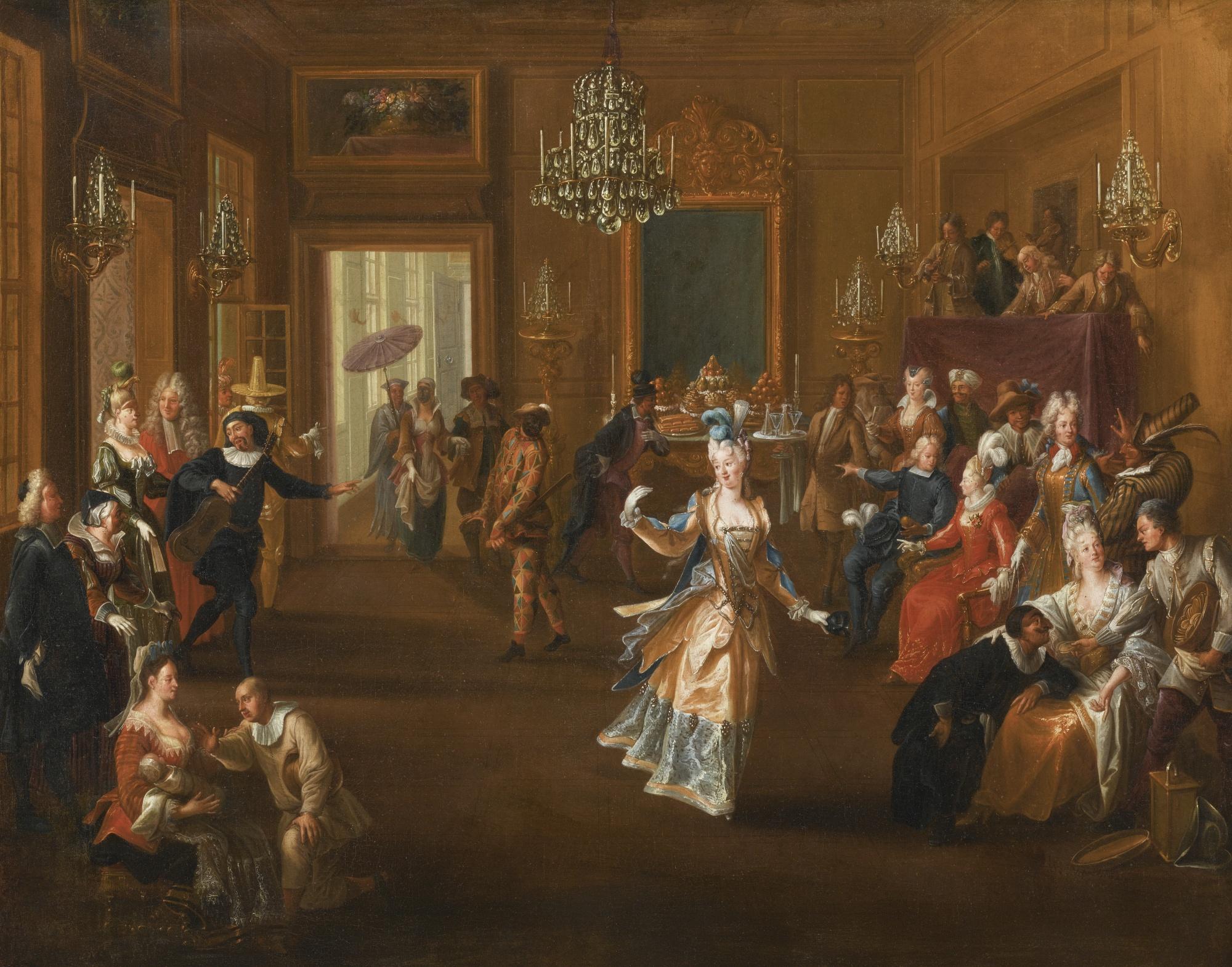 Claude Gillot - Figures In An Elegant Interior Watching An Entertainment With Commedia Dell\'Arte Characters