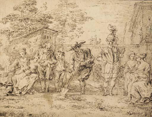 Claude Gillot - Les quatre âges de la vie: Seven figures in a garden, one digging with a spade
