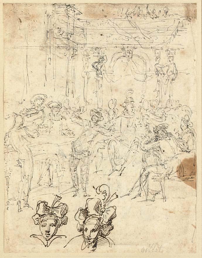 Claude Gillot - Musicians and a Harlequin performing at a banquet (recto); A nobleman and his entourage (verso)