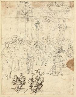 Claude Gillot - Musicians and a Harlequin performing at a banquet (recto); A nobleman and his entourage (verso)