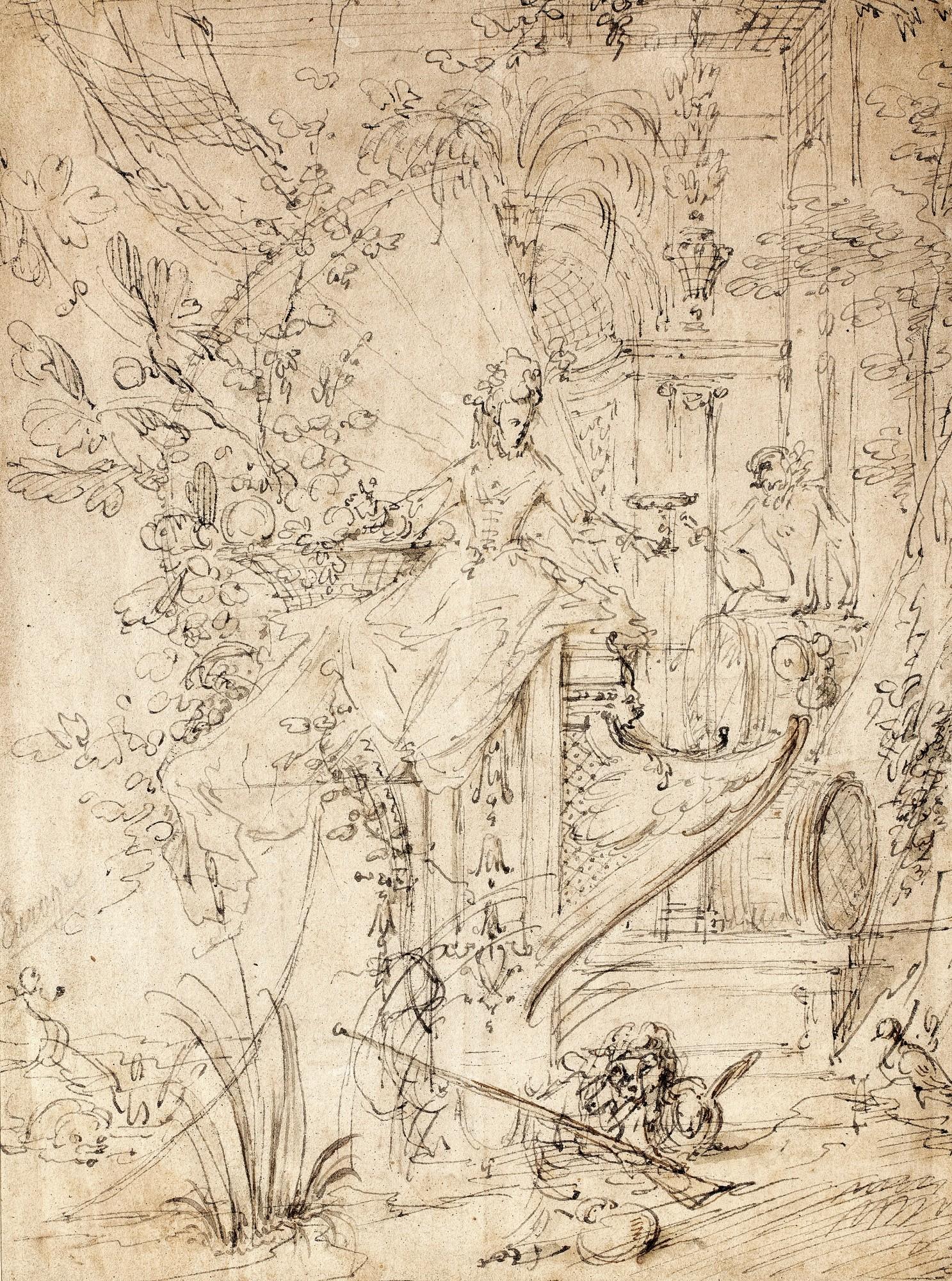 Claude Gillot - Recto: Allegory of Europe Verso: A section of a design for a gazebo decorated with a central sculpture, a fountain, and arabesques