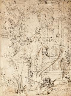 Claude Gillot - Recto: Allegory of Europe Verso: A section of a design for a gazebo decorated with a central sculpture, a fountain, and arabesques