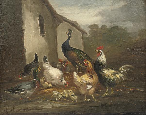 Claude Guilleminet - A peacock, hens and a duck in a farmyard; and Ducks and hens in a farmyard