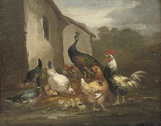 Claude Guilleminet - A peacock, hens and a duck in a farmyard; and Ducks and hens in a farmyard