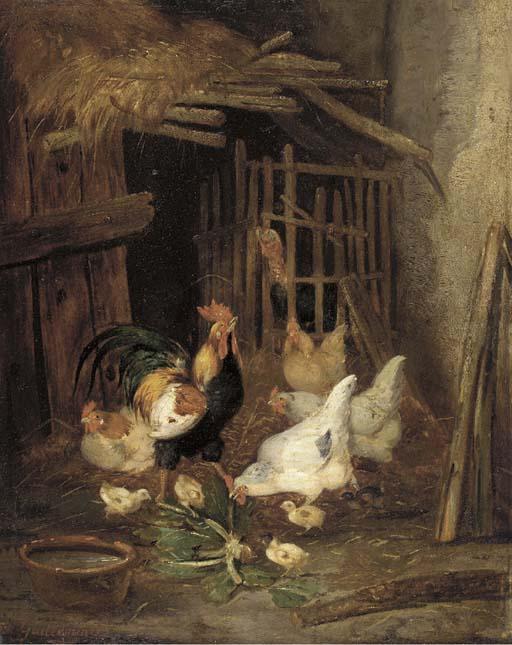 Claude Guilleminet - A Rooster, Chickens and Baby Chicks in an Interior