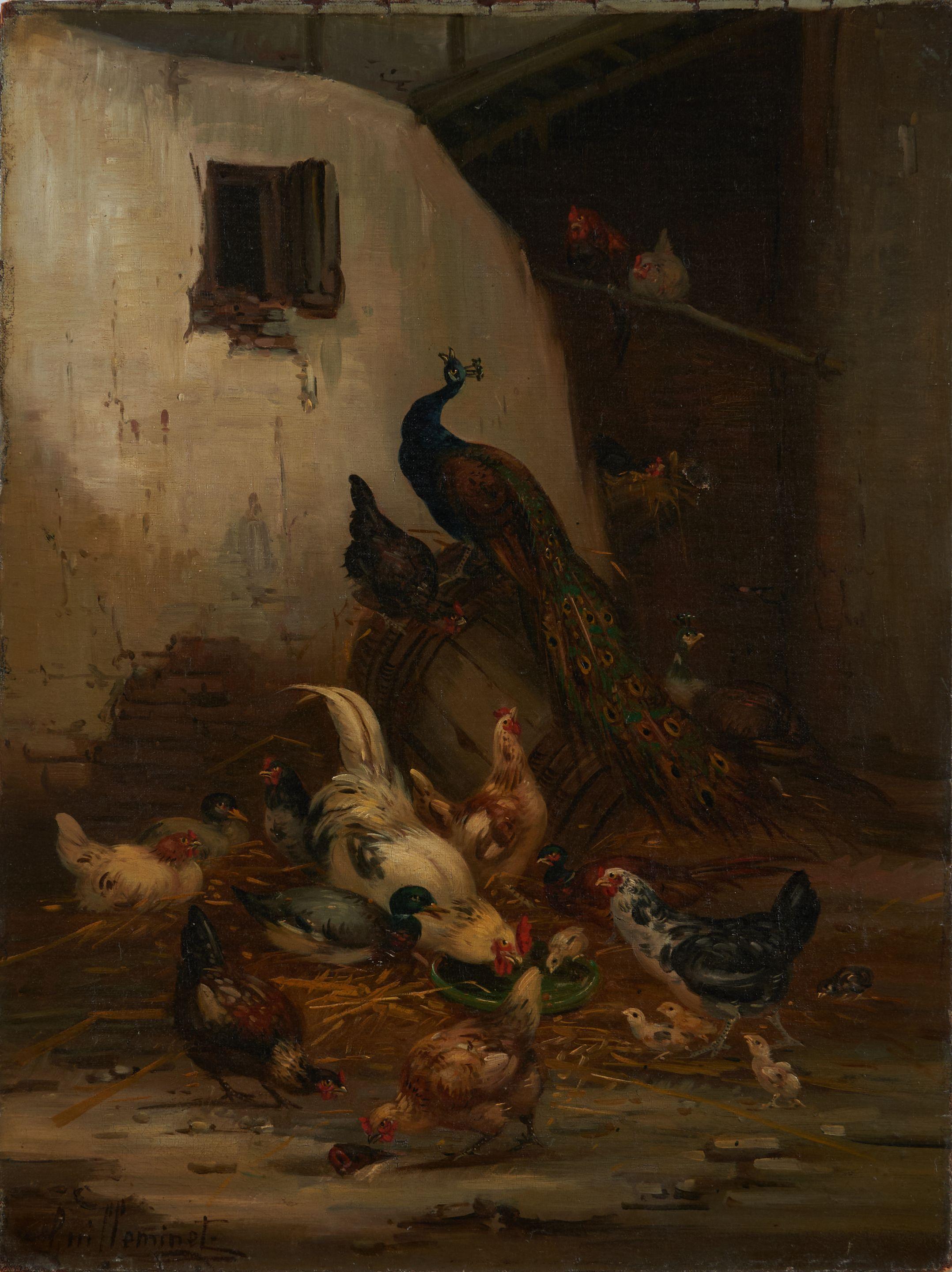Claude Guilleminet - Barn Scene with Chickens, Ducks, and Peacocks