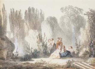 Claude Hoin - Un groupe de personnages près d\'une cascade