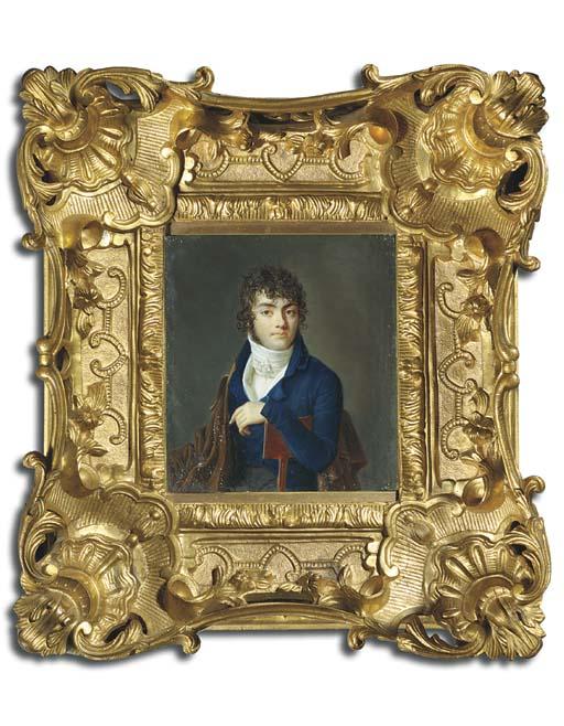 Claude-Jean Besselièvre - A Young Gentleman Seated With His Left Arm Draped Over The Back of A Wooden Chair, In Blue Coat, White Waistcoat And Tied Cravat, Brown Cloak Draped Over His Right Shoulder, Curling Brown Hair And Sideburns
