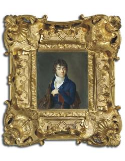 Claude-Jean Besselièvre - A Young Gentleman Seated With His Left Arm Draped Over The Back of A Wooden Chair, In Blue Coat, White Waistcoat And Tied Cravat, Brown Cloak Draped Over His Right Shoulder, Curling Brown Hair And Sideburns