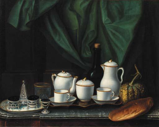 Claude-Joseph Fraichot - A salt cellar and an egg cup, a coffee set with a wine bottle, a melon and bread on a marble topped table