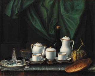 Claude-Joseph Fraichot - A salt cellar and an egg cup, a coffee set with a wine bottle, a melon and bread on a marble topped table