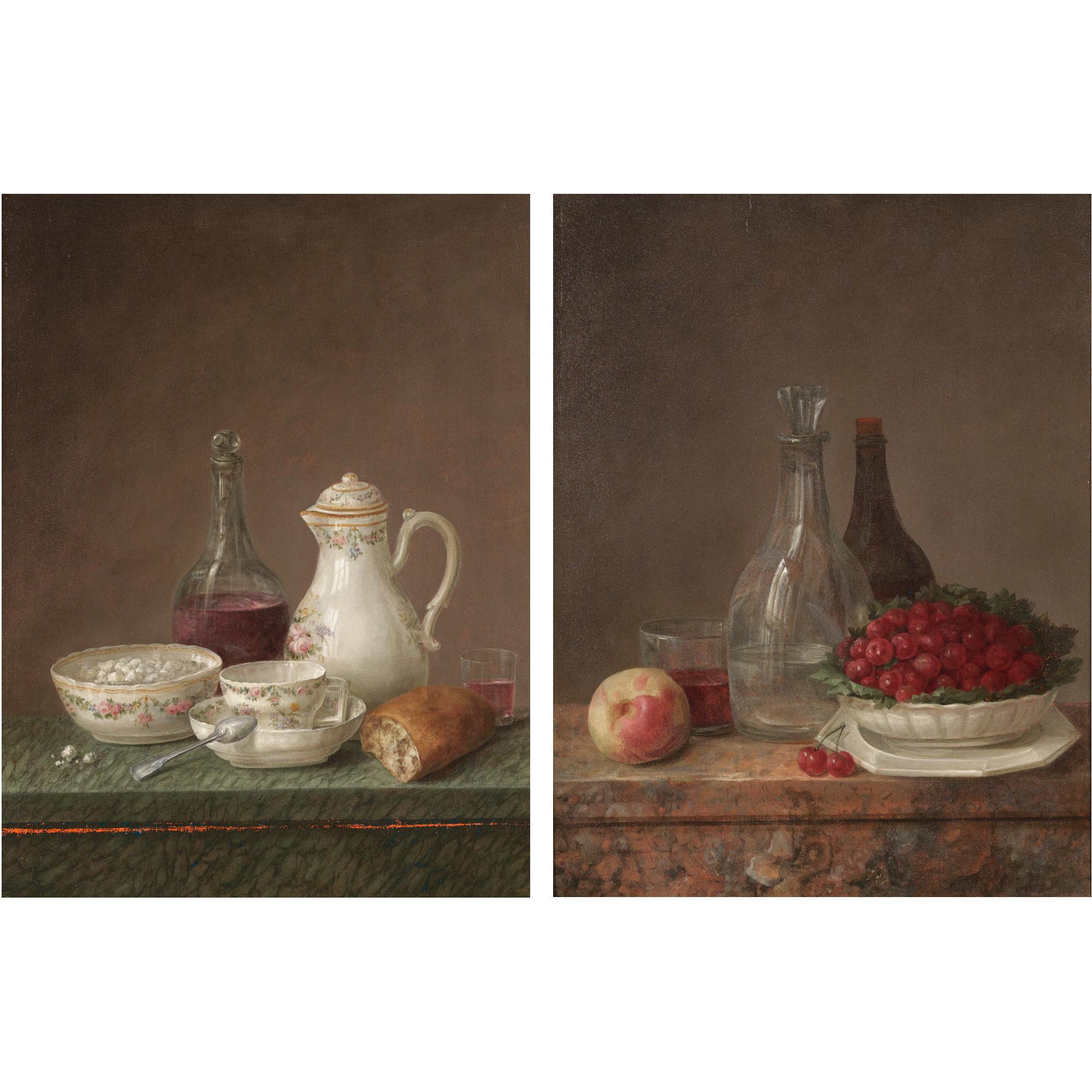 Claude-Joseph Fraichot - A Still Life With A Carafe Of Wine, A Teapot, A Bowl Of Sugar And A Piece Of Bread On A Marble Ledge; A Still Life With A Bowl Of Cherries, A Peach And Carafes Of Water And Wine On A Marble Ledge