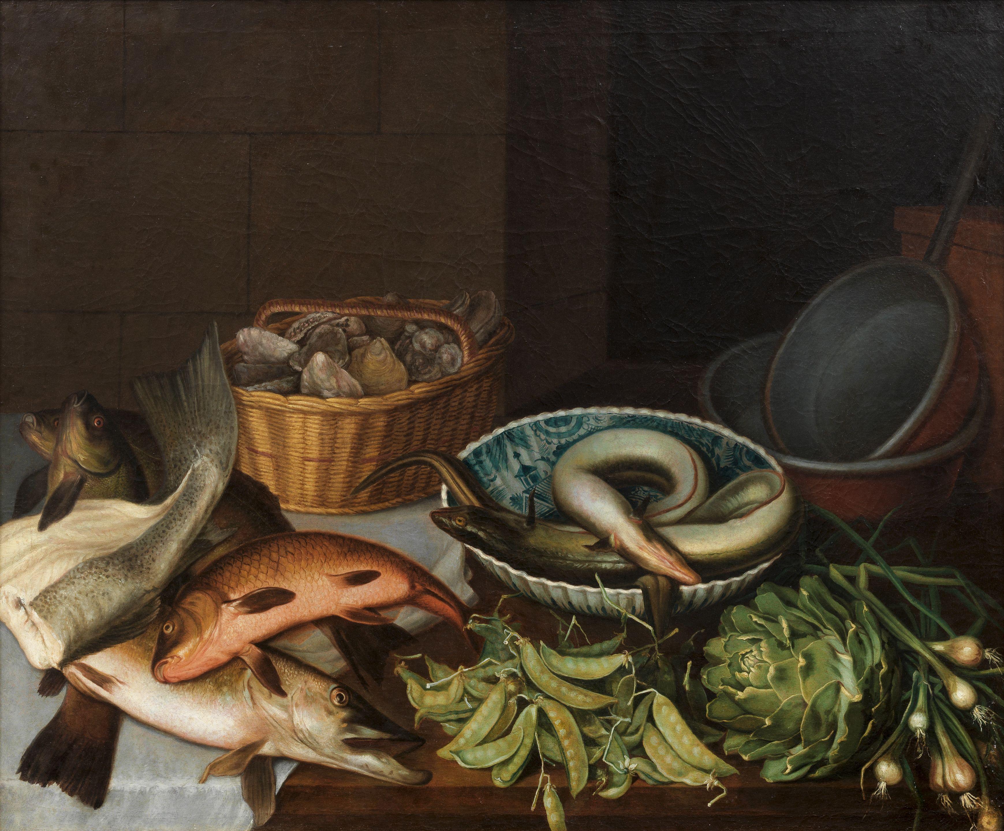 Claude Joseph Fraichot - A still life with fish, artichokes, beans and pans on a tabletop
