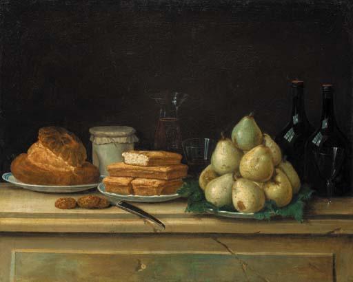 Claude-Joseph Fraichot - Pears and bread on plates, with bottles of wine and glasses on a stone ledge