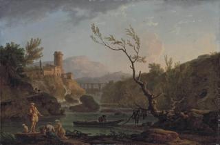 Claude-Joseph Vernet - A capriccio view of Montferrat at dawn with the Gorges de Verdon and the River Nartuby, with fishermen unloading their catch.