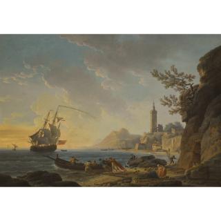 Claude-Joseph Vernet - A Coastal Scene With A Lighthouse On The Cliffs And Fishermen With Their Nets In The Foreground