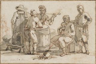 Claude-Joseph Vernet - A group of men talking around a barrel, one smoking