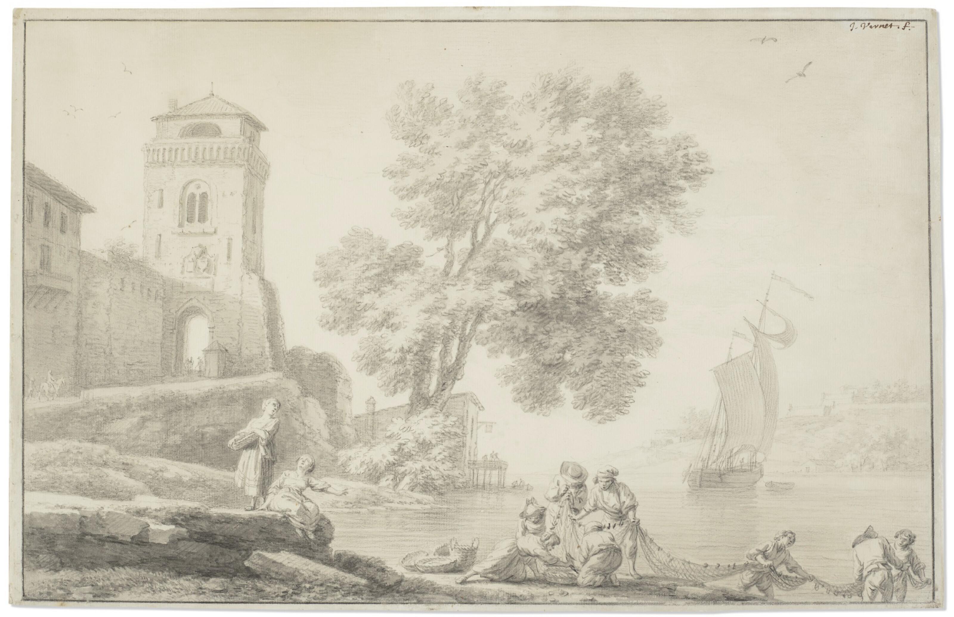 Claude-Joseph Vernet - A harbor scene with fishermen pushing a boat in the water; Fisherfolk on the shore pulling in a net near the entrance of a town