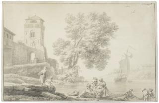 Claude-Joseph Vernet - A harbor scene with fishermen pushing a boat in the water; Fisherfolk on the shore pulling in a net near the entrance of a town
