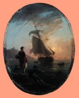 Claude-Joseph Vernet - A Mediterranean coast at sunset with a fisherman hauling in his net by a woman with a dog, a galley beyond