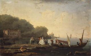 Claude-Joseph Vernet - A Mediterranean coastal landscape with elegant company disembarking from an Italian Gondola
